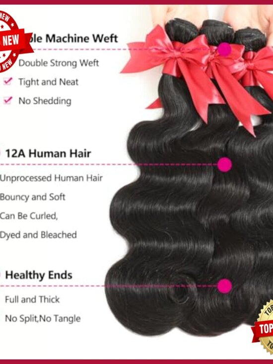 Brazilian Body Wave Human Hair Extensions 3 Bundles with HD Lace Closure main image 5